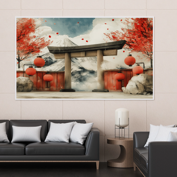Serene Japanese Festival Landscape: Cherry Blossoms and Mountain Canvas Art. High Resolution Digital Download 300 DPI.