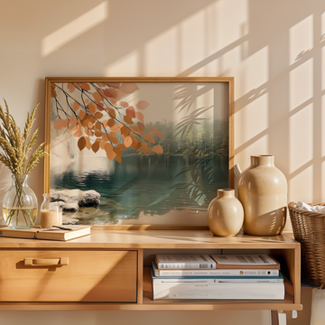Autumn Leaves Lake Wall Art Golden Orange Waterfall Oil Painting. High Resolution Digital Download 300 DPI.