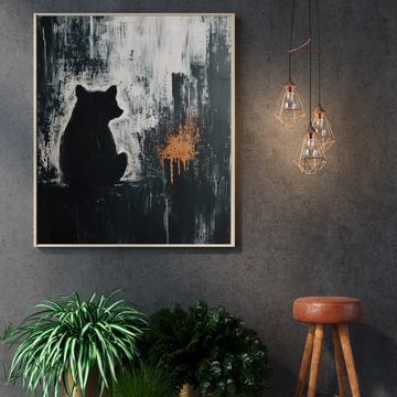 Dramatic Bear Silhouette: Abstract Orange Splash on Black Canvas Art. High Resolution Digital Download 300 DPI.