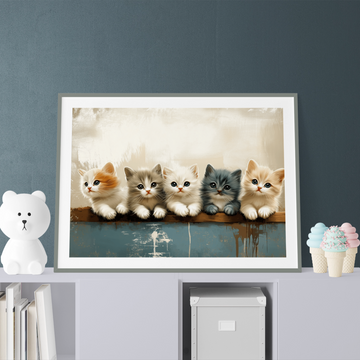 Charming Five Kittens on Wooden Bar Canvas Wall Art Print. High Resolution Digital Download 300 DPI.