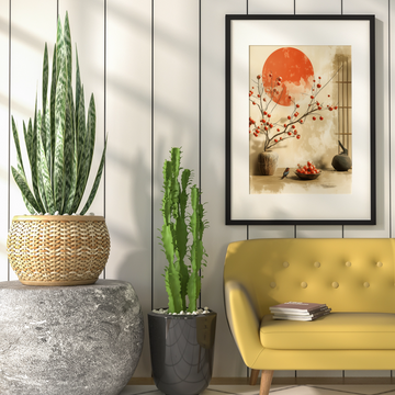 Serene Minimalist Nature Scene: Bird, and Berries Art. High Resolution Digital Download 300 DPI.