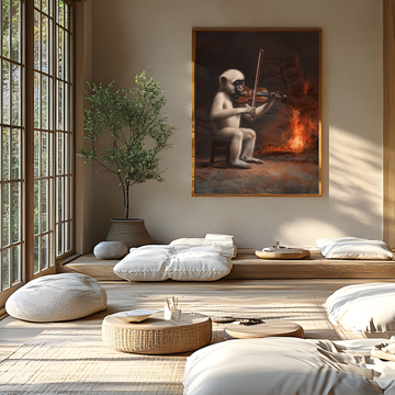 Dramatic Monkey Violin Wall Art Moria Flames Cinematic Oil Painting. High Resolution Digital Download 300 DPI.