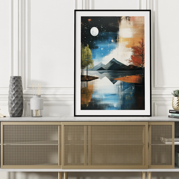 Celestial Reflection: Tranquil Lakeside Mountain Forest Starry Night Art. High Resolution Digital Download 300 DPI.