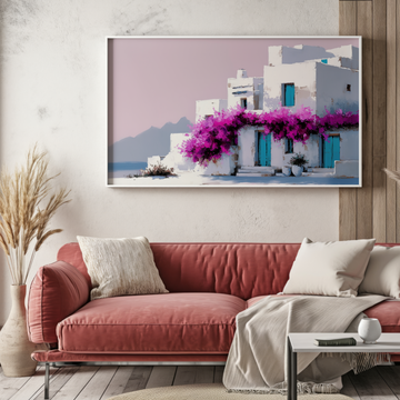 Cycladic White Houses Wall Art Blue Bougainvillea Greek Island Landscape. High Resolution Digital Download 300 DPI.