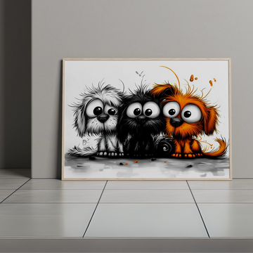 Quirky Puppy Quartet: Whimsical Wall Art with Colorful, Mischievous Canine Characters. High Resolution Digital Download 300 DPI.