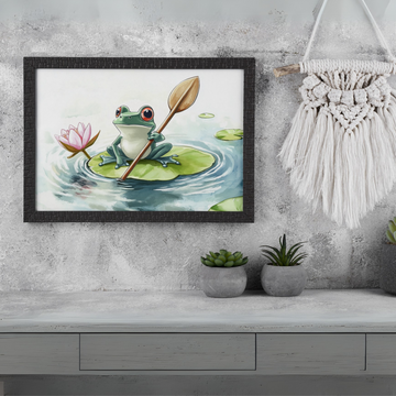 Whimsical Frog Adventure: Watercolor Lily Pad Rowing Art Print. High Resolution Digital Download 300 DPI.