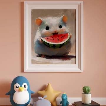 Whimsical Watermelon Feast: Cute Hamster Oil Painting Canvas Print. High Resolution Digital Download 300 DPI.