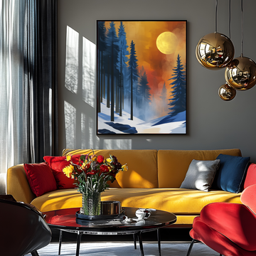 Winter Pine Forest Wall Art Moonlight Digital Painting Illustration. High Resolution Digital Download 300 DPI.