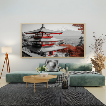Zen Autumn Serenity: Japanese Temple in Misty Maple Forest Art Print. High Resolution Digital Download 300 DPI.