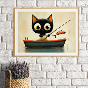 Whimsical Fishing Kitten: Big-Eyed Cartoon Watercolor Canvas Art Print. High Resolution Digital Download 300 DPI.