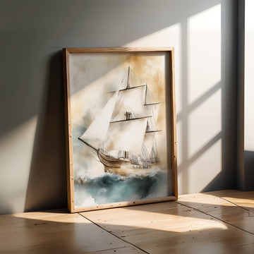 Vintage Sailing Ship Wall Art on Rough Sea Nautical Ocean Scene. High Resolution Digital Download 300 DPI.