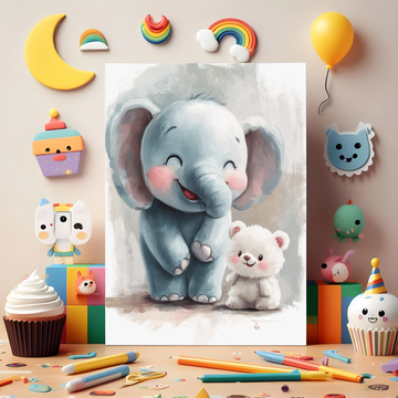 Whimsical Turquoise Elephant and Fluffy Bear Friends Wall Art. High Resolution Digital Download 300 DPI.