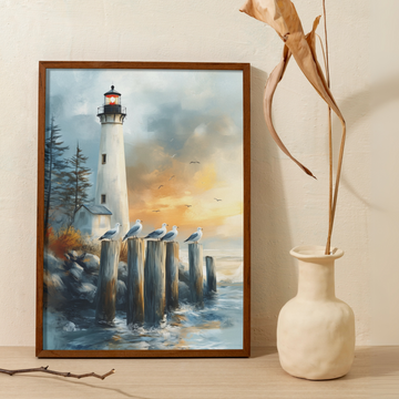 Coastal Twilight Gathering: Seagulls Lighthouse Pine Trees Seascape Wall Art. High Resolution Digital Download 300 DPI.