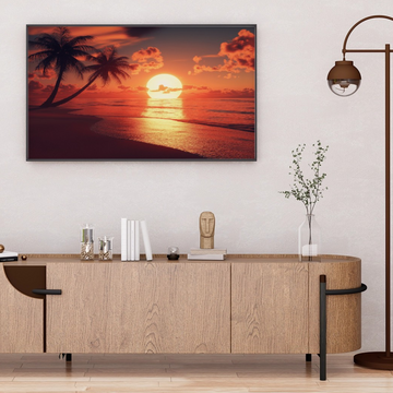 Golden Hour Paradise: Expansive Beach Sunset with Palm Silhouettes Art. High Resolution Digital Download 300 DPI.