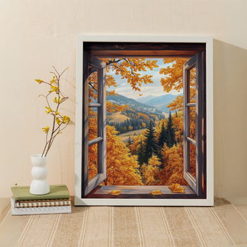 Cozy Autumn Vista: Rustic Cottage Window Fall Landscape Wall Art. High Resolution Digital Download 300 DPI.
