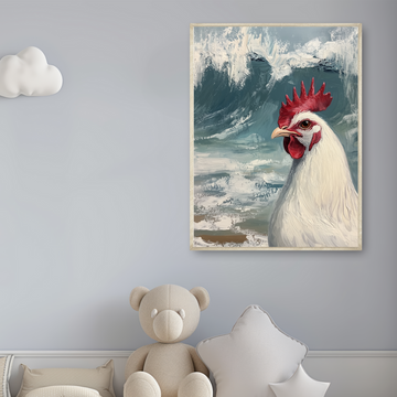 White Chicken Oil Painting - Ocean Waves Farmhouse Animal Wall Art. High Resolution Digital Download 300 DPI.