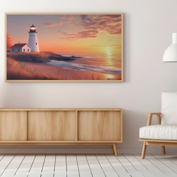 Coastal Twilight Serenity: Lighthouse Beach House Sunset Wall Art. High Resolution Digital Download 300 DPI.