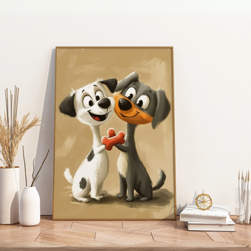 Puppy Love Delight : Whimsical Oil Painting of Quirky Canine Romance. High Resolution Digital Download 300 DPI.