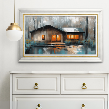 Cozy Woodland Cabin: Stormy Night Illuminated Forest Retreat Art. High Resolution Digital Download 300 DPI.