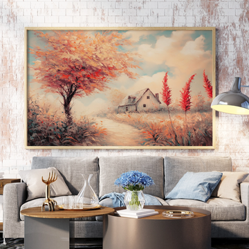 Autumnal Serenity: Vintage Oil Painting of Cottage Nestled in Fall Foliage. High Resolution Digital Download 300 DPI