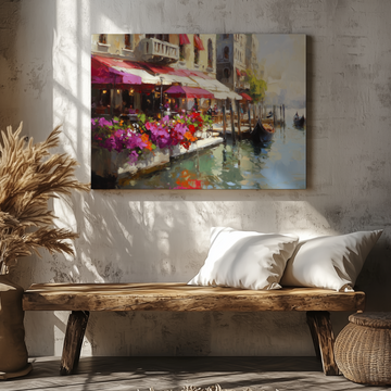 Venice Canal Wall Art Realist Oil Flowers Boats Historic Awnings. High Resolution Digital Download 300 DPI.