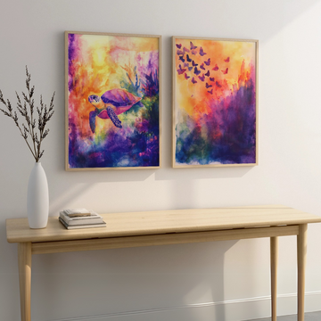 Vibrant Tropical Turtle and Butterfly Canvas: Bold Colorful Beach Art. High Resolution Digital Download 300 DPI.