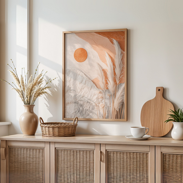 Boho Abstract Landscape Wall Art with Sun and Pampas Grass. High Resolution Digital Download 300 DPI.
