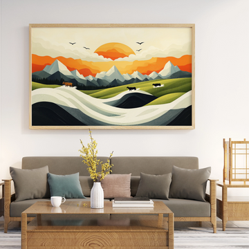 Sunset Serenity: Minimalist Landscape with Cows, Hills, and Snow-Capped Mountains. High Resolution Digital Download 300 DPI