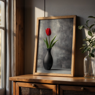 Red Tulip Black Vase Wall Art Dark Gray Concrete Background. High Resolution Digital Download 300 DPI.
