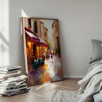 Parisian Cafe Dusk Wall Art Warm Lights Vibrant Cinematic Painting. High Resolution Digital Download 300 DPI.