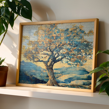 Tree Puzzle Landscape Wall Art in Warm Blue Beige Yellow Tones. High Resolution Digital Download 300 DPI.