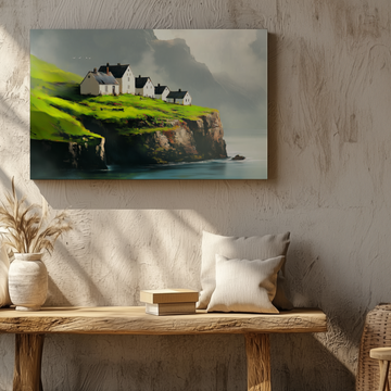 Island Fantasy Wall Art White Houses Black Roofs Green Cliffs. High Resolution Digital Download 300 DPI.