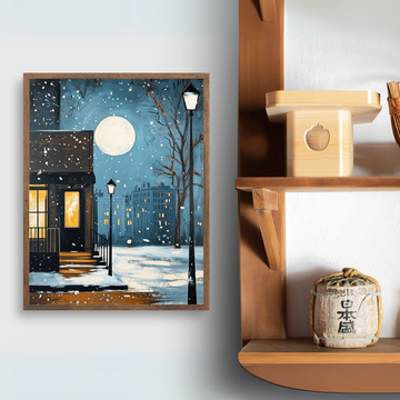 Moonlit Winter Night: Illuminated City Building Snowy Scene Wall Art. High Resolution Digital Download 300 DPI.