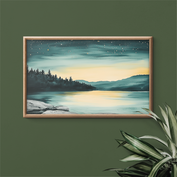 Starry Night Reflections: Luminous Green Lake Under Celestial Sky Art. High Resolution Digital Download 300 DPI.