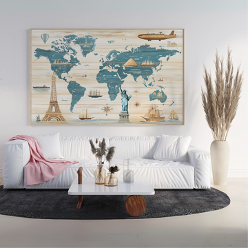 Pastel World Landmarks Map Canvas - Wanderlust Wooden Travel Wall Art. High Resolution Digital Download 300 DPI.
