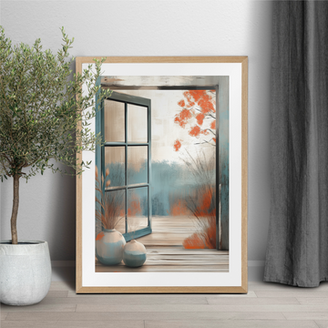 Autumn Window View: Cozy Fall Foliage Landscape Photography Wall Art. High Resolution Digital Download 300 DPI.