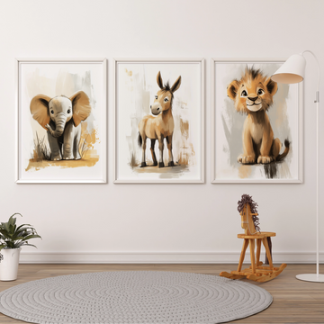 Adorable Safari Friends: Elephant, Donkey, Lion Cub Cartoon Wall Art. High Resolution Digital Download 300 DPI.