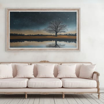 Starry Night Reflection: Bare Tree Silhouette Lake Landscape Art . High Resolution Digital Download 300 DPI.