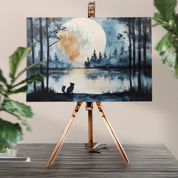 Enchanted Moonlit Forest: Squirrel's Journey to Mystical Lake Art. High Resolution Digital Download 300 DPI.
