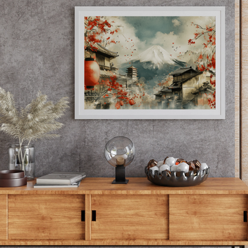 Serene Japanese Festival Canvas: Cherry Blossoms, Mountains, and Lanterns Art. High Resolution Digital Download 300 DPI.