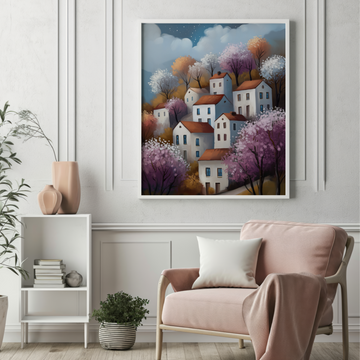 Charming Spring Village Cottages Wall Art Starry Night Landscape. High Resolution Digital Download 300 DPI.