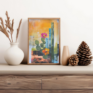 Desert Bloom Oasis: Cactus Flowers Rock Formation Green-Orange Wall Art. High Resolution Digital Download 300 DPI.