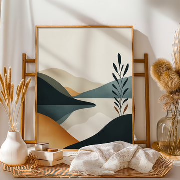 Serene Minimalist Landscape Wall Art: Pastel Hills and Calm Lake. High Resolution Digital Download 300 DPI.