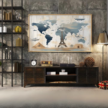Pastel World Map Canvas - Rustic Wooden Travel Wall Decor. High Resolution Digital Download 300 DPI.