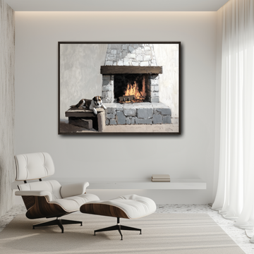Dog by Fireplace Wall Art Ancient Home Cozy Oil Painting Scene. High Resolution Digital Download 300 DPI.
