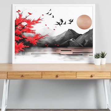 Striking Sunrise: Red Cherry Blossom and Black Birds Mountain Art. High Resolution Digital Download 300 DPI.