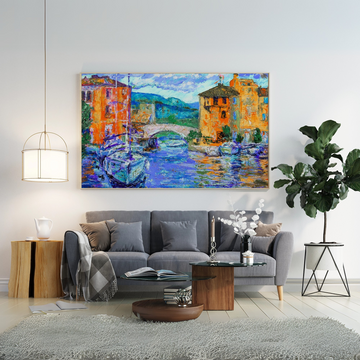 Vibrant Mediterranean Harbor: Luminous Coastal Wall Art Print. High Resolution Digital Download 300 DPI.