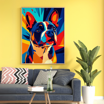 Geometric Canine Charm: Vibrant Abstract Dog Portrait Wall Art. High Resolution Digital Download 300 DPI.