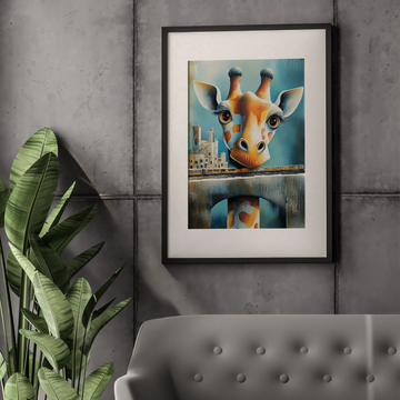 Surreal Robo-Giraffe Cityscape: Cubist Watercolor Greek-Inspired Wall Art. High Resolution Digital Download 300 DPI.