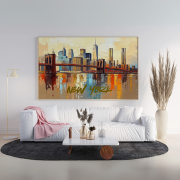 Vibrant NYC Twilight: Modern Brooklyn Bridge Cityscape Abstract Wall Art. High Resolution Digital Download 300 DPI.